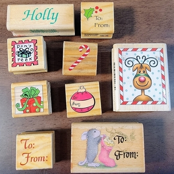 Lot of Christmas Theme Wooden Block Rubber Stamps Crafting Stamping Gift tags - Picture 9 of 10